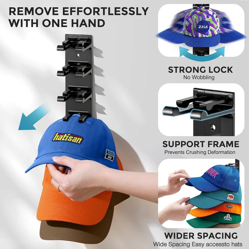 Hatisan Hat Organizer for Baseball Caps, 2 Pack Hat Rack for Wall Closet Door Hold up to 16 Hats,Hat Holder with Adhesive and 8 Screws, Hat Hanger Cap Holder Hat Hangers for Wall Closet Door Bedroom(A-Black) - Image 2